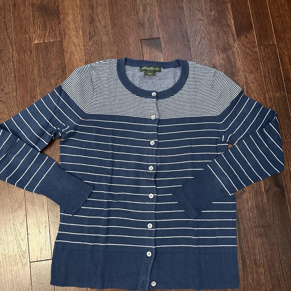 Eddie Bauer Blue and White Striped Cardigan